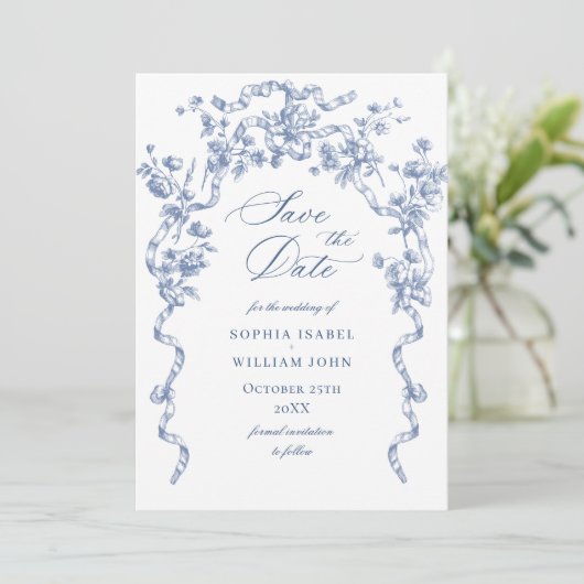 Viktorianische Verzierte Grace Floral Dusty Blue W Save The Date (Stehend Vorderseite)