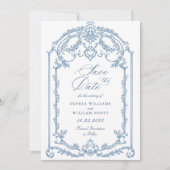 Viktorianische Verzierte Grace Floral Dusty Blue W Save The Date (Vorderseite)