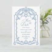 Viktorianische Verzierte Grace Floral Dusty Blue W Save The Date (Stehend Vorderseite)