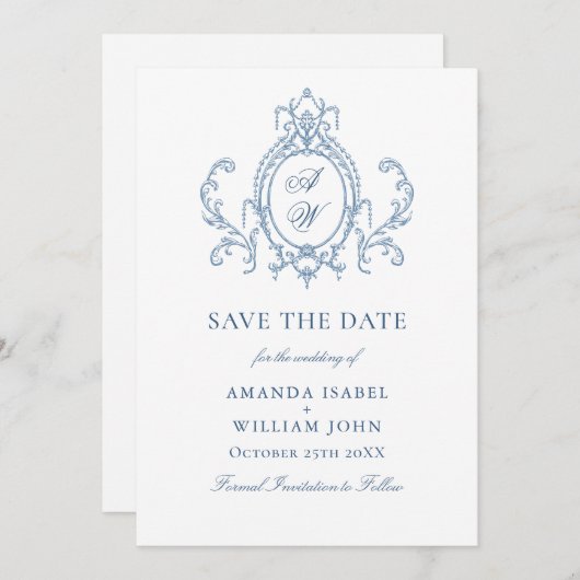 Viktorianische Verzierte Grace Floral Dusty Blue W Save The Date (Vorne/Hinten)