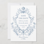 Viktorianische Verzierte Grace Floral Dusty Blue W Save The Date (Vorderseite)