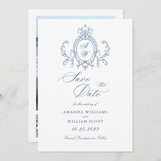 Viktorianische Verzierte Grace Floral Dusty Blue W Save The Date (Vorne/Hinten)