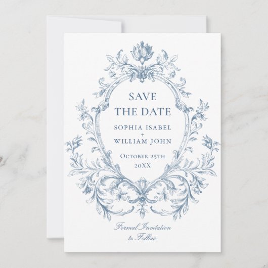 Viktorianische Verzierte Grace Floral Dusty Blue W Save The Date (Vorderseite)