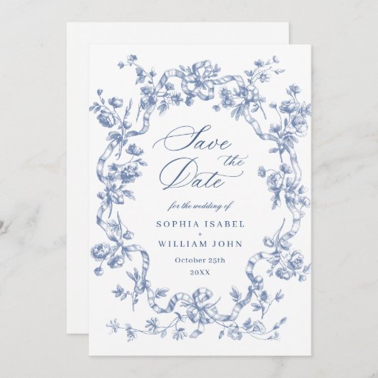 Viktorianische Verzierte Grace Floral Dusty Blue W Save The Date (Vorne/Hinten)