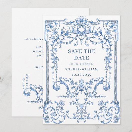 Viktorianische Verzierte Grace Floral Dusty Blue W Save The Date (Vorne/Hinten)