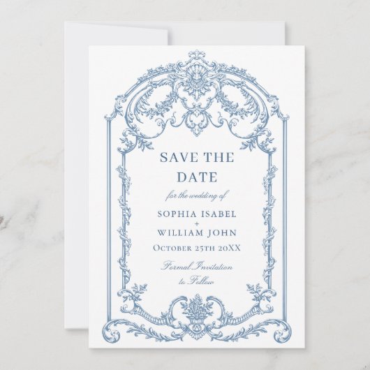 Viktorianische Verzierte Grace Floral Dusty Blue W Save The Date (Vorderseite)
