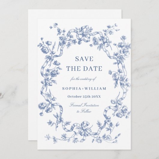 Viktorianische Verzierte Grace Floral Dusty Blue W Save The Date (Vorne/Hinten)