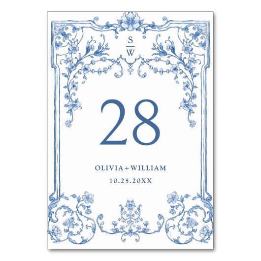 Viktorianische Verzierte Grace Floral Dusty Blue W Tischnummer (Vorderseite)