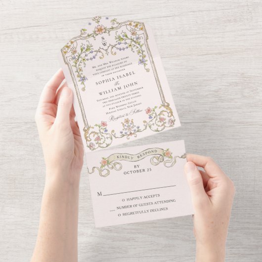 Viktorianische Verzierte Grace Floral Frame Weddin All In One Einladung (Abreißen)