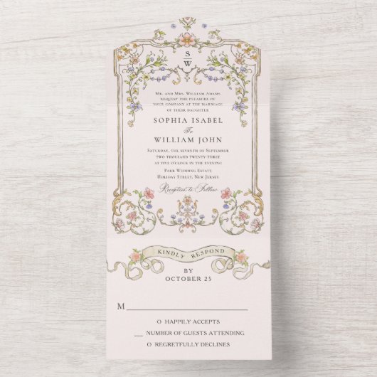 Viktorianische Verzierte Grace Floral Frame Weddin All In One Einladung (Innen Boden)