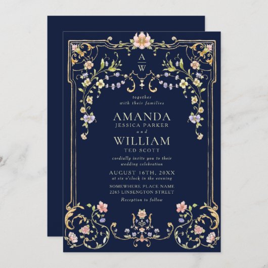 Viktorianische Verzierte Grace Floral Frame Weddin Einladung (Vorne/Hinten)