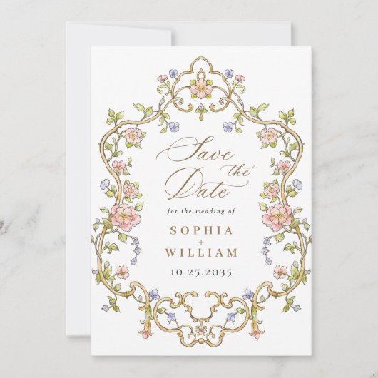 Viktorianische Verzierte Grace Floral Frame Weddin Save The Date (Vorderseite)