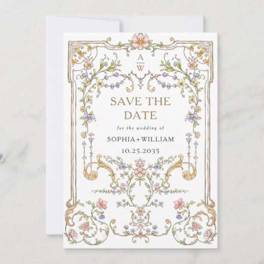 Viktorianische Verzierte Grace Floral Frame Weddin Save The Date (Vorderseite)