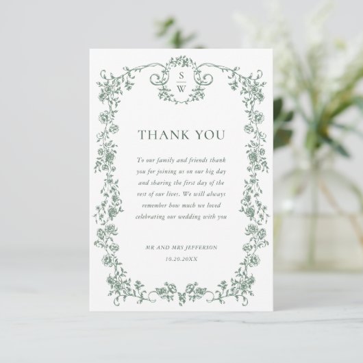 Viktorianische Verzierte Grace Floral Sage Grüne H Dankeskarte (Stehend Vorderseite)