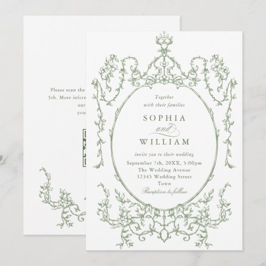 Viktorianische Verzierte Grace Floral Sage Grüne H Einladung (Vorne/Hinten)