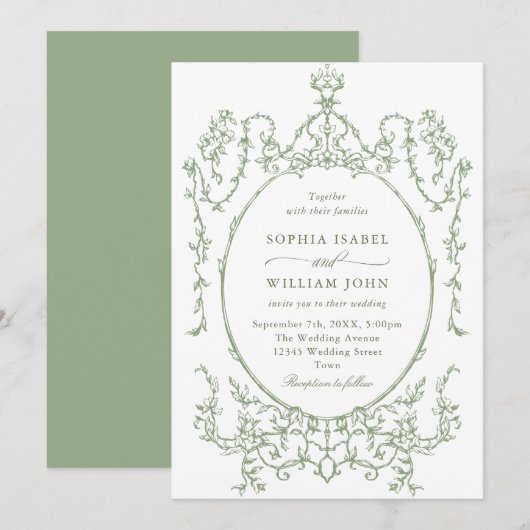 Viktorianische Verzierte Grace Floral Sage Grüne H Einladung (Vorne/Hinten)