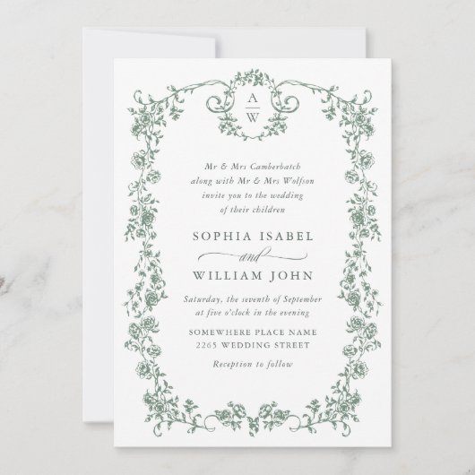 Viktorianische Verzierte Grace Floral Sage Grüne H Einladung (Vorderseite)