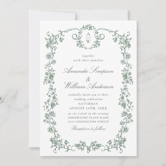 Viktorianische Verzierte Grace Floral Sage Grüne H Einladung (Vorderseite)