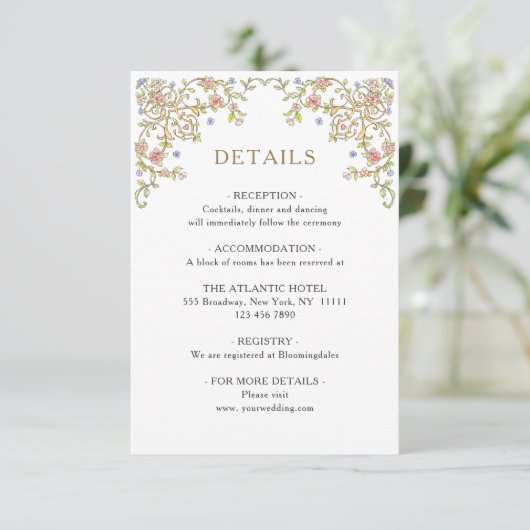 Viktorianische Verzierte Grace Floral Wedding Deta Begleitkarte (Stehend Vorderseite)