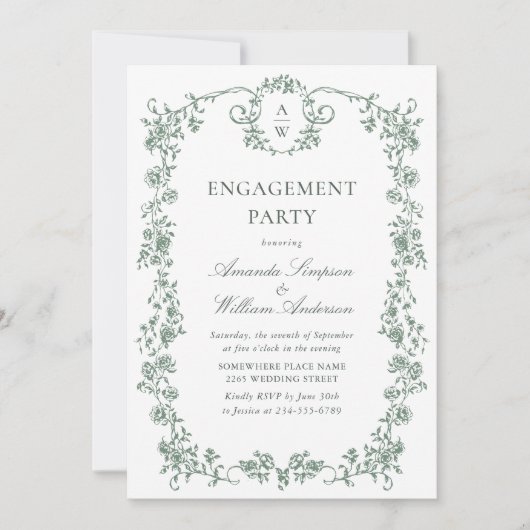 Viktorianische Verzierte Grace Sage Green ENGAGEME Einladung (Vorderseite)