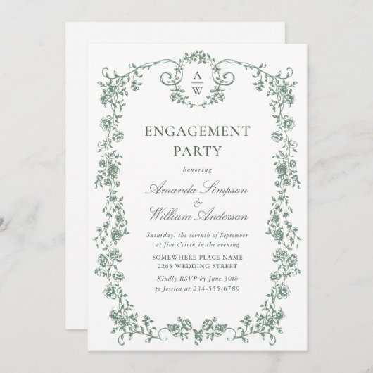 Viktorianische Verzierte Grace Sage Green ENGAGEME Einladung (Vorne/Hinten)