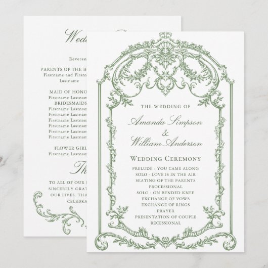 Viktorianische Verzierte Grace Sage Grüne Hochzeit Programm (Vorne/Hinten)