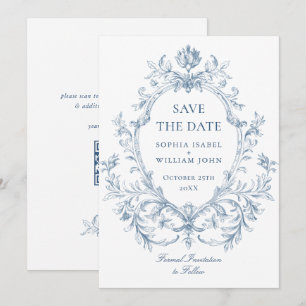 Viktorianische verzierte Grazie Florale Staubblau  Save The Date