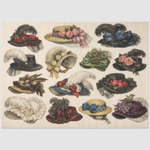 Viktorianische Vintage-Damenhüte mit Federn, Blume Seidenpapier