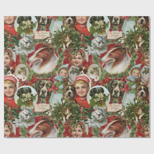 Viktorianische Weihnachtskatzen und Hunde Scrap Co Geschenkpapier