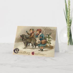 Viktorianische Weihnachtskinder und Hundegrußkarte Feiertagskarte