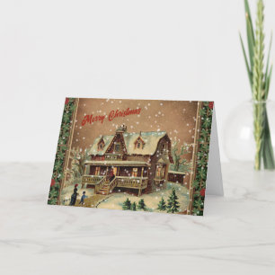 Viktorianische Weihnachtskottage Winterillustratio Feiertagskarte