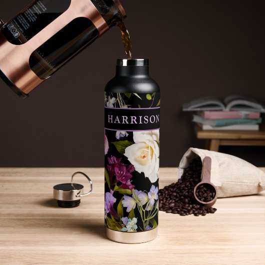 Viktorianische Weiß und Lila Blüte Schwarz / Name Trinkflasche (Kaffee)