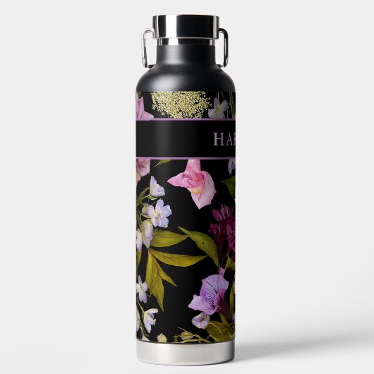 Viktorianische Weiß und Lila Blüte Schwarz / Name Trinkflasche (Vorderseite)
