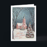Viktorianische Winterlandschaft Weihnachten außerh<br><div class="desc">Rosa Kapelle auf einem schneebedeckten Abend mit dekorierten Weihnachtsbäumen; "fröhliche Weihnachten" im Bändchenstil,  öffnen Sie den Editor,  um zu löschen und Ihren eigenen Gruß hinzuzufügen. Bearbeitbar Jahr auf der Vorderseite und Text auf der Innenseite. Originelle Illustration von Becky Nimoy.</div>