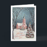 Viktorianische Winterlandschaft Weihnachten außerh<br><div class="desc">Rosa Kapelle auf einem schneebedeckten Abend mit dekorierten Weihnachtsbäumen; "fröhliche Weihnachten" im Bändchenstil,  öffnen Sie den Editor,  um zu löschen und Ihren eigenen Gruß hinzuzufügen. Bearbeitbar Jahr auf der Vorderseite und Text auf der Innenseite. Originelle Illustration von Becky Nimoy.</div>