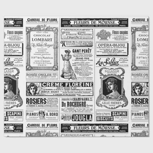 viktorianische Zeitung antikes Französisch Schwarz Geschenkpapier (Flach)