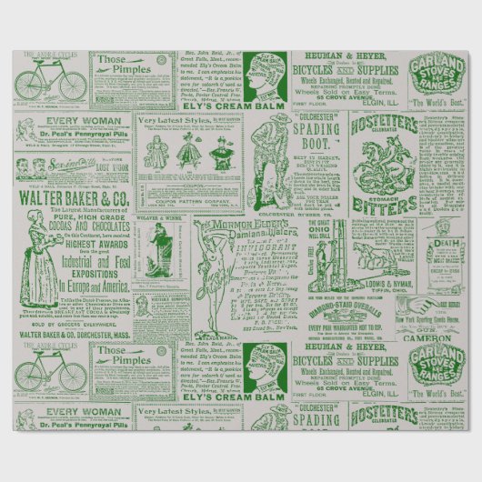 Viktorianische Zeitungswerbung Grüne Printwerbung Geschenkpapier (Flach)