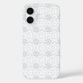 Viktorianischer blauer Toile-Wiederholungsmonogram iPhone 16 Hülle