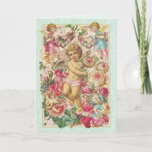 Viktorianischer Cupid und Rosen Floral Feiertagskarte