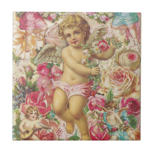 Viktorianischer Cupid und Rosen Floral Fliese