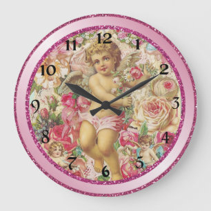 Viktorianischer Cupid und Rosen Floral Große Wanduhr