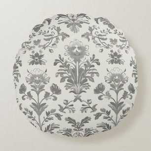 Viktorianischer Damast Blumenmuster Weiß Vintage Rundes Kissen