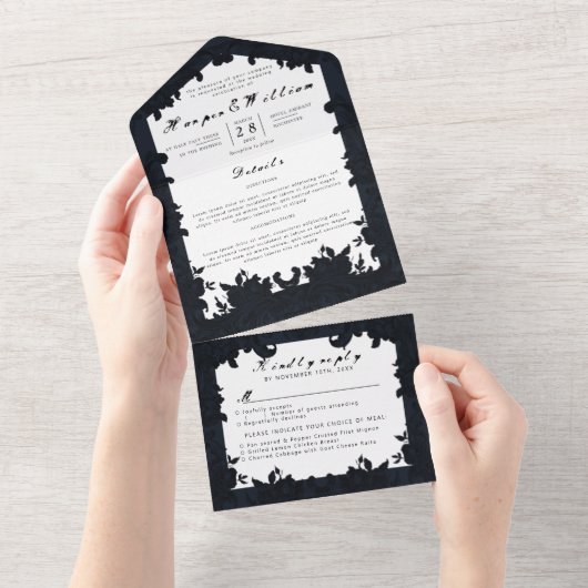 Viktorianischer dunkelblauer Hochzeitshub All In One Einladung (Abreißen)