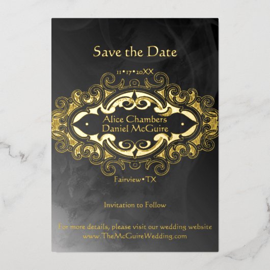 Viktorianischer dunkler Grau- und Goldakzent Save Folieneinladung (Vorderseite)