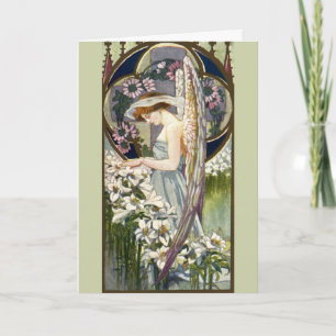 Viktorianischer Engel und Vintage-Osterlilien-Blum Karte