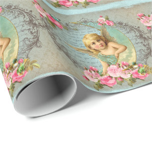 Viktorianischer Engel vintage blaue Rose pink anti Geschenkpapier