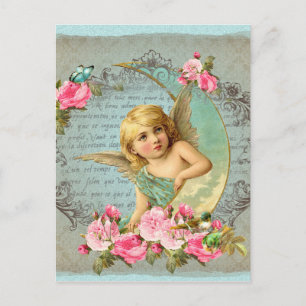 Viktorianischer Engel vintage blaue Rose rosa anti Postkarte