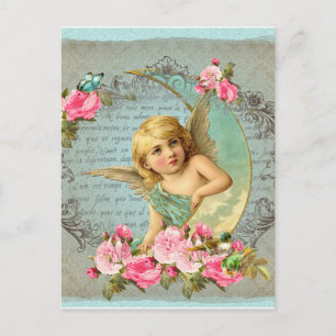 Viktorianischer Engel vintage blaue Rose rosa anti Postkarte