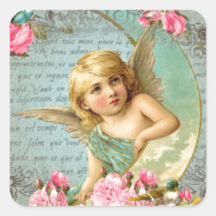 Viktorianischer Engel vintage blaue Rose rosa anti Quadratischer Aufkleber