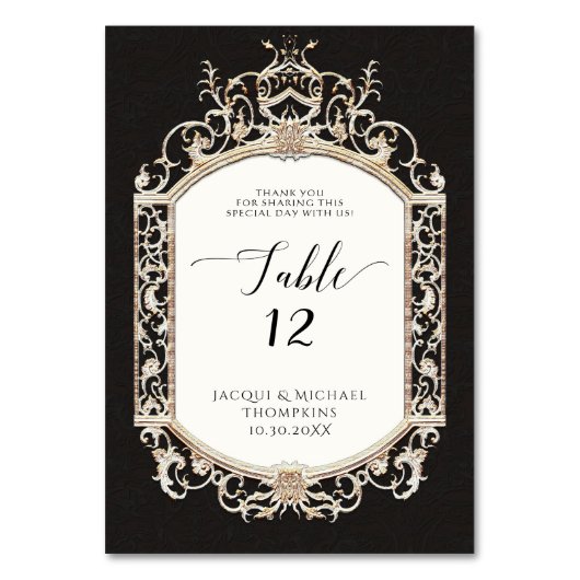 Viktorianischer formaler Schwarz-Gold-Empfang Tischnummer (Vorderseite)